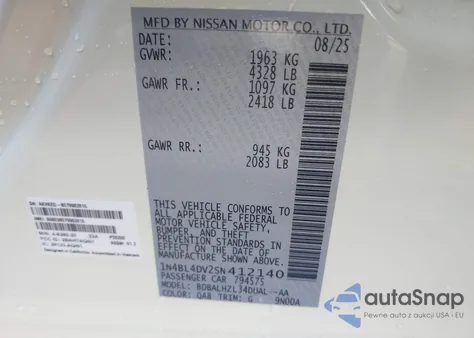 2025 Nissan Altima Sv Fwd from USA, damaged, VIN 1N4BL4DV2SN412140